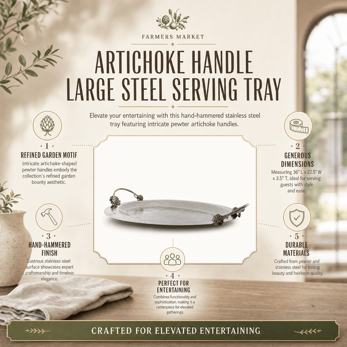 Artichoke Handle Large Steel Serving Tray 9