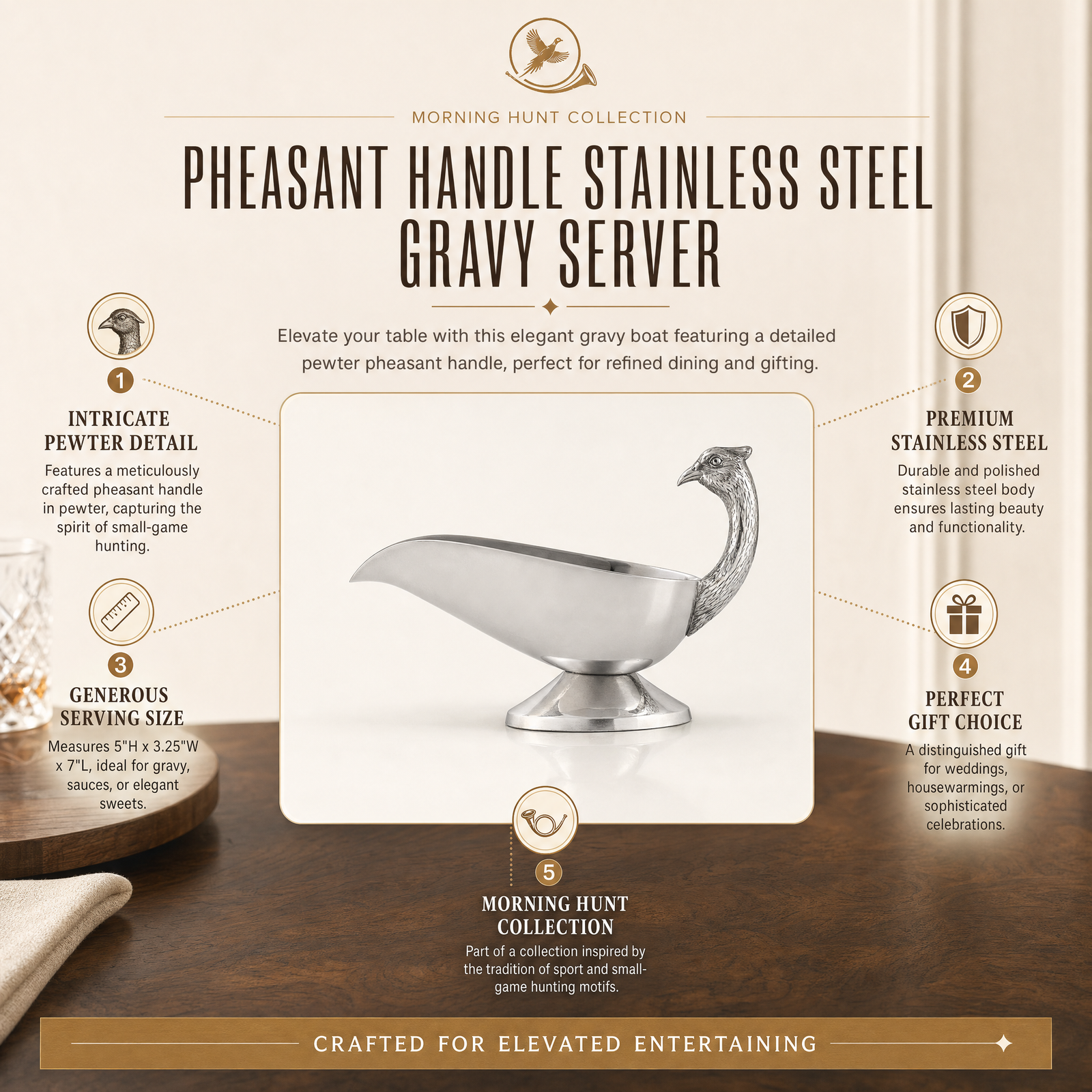 Pheasant  Handle Stainless Steel Gravy / Sauce Server 11