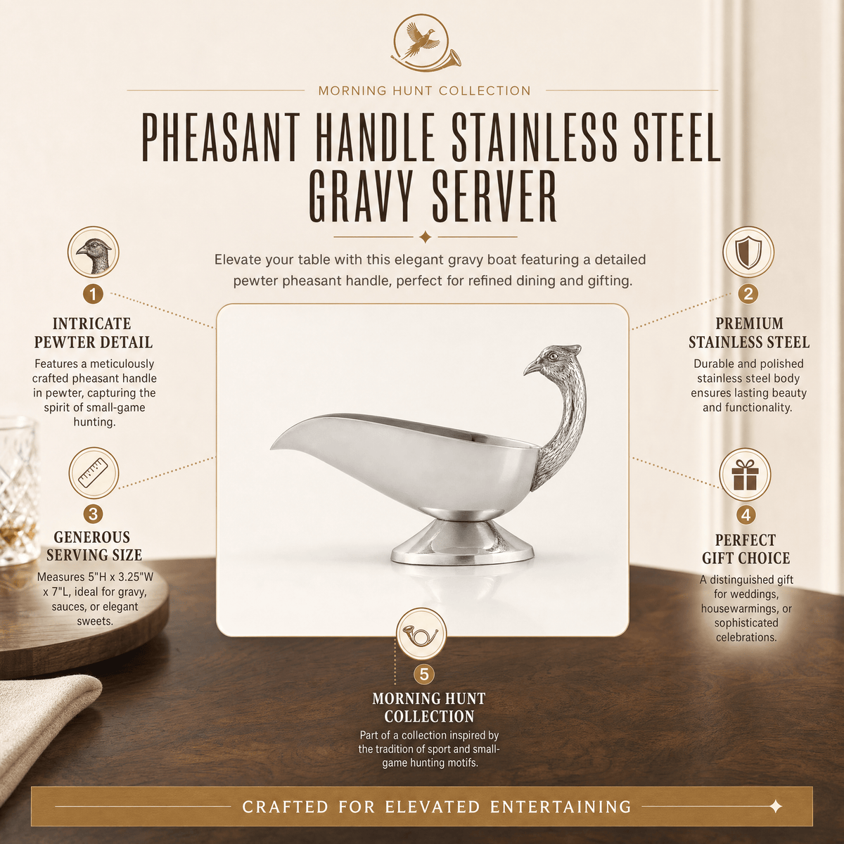 Pheasant  Handle Stainless Steel Gravy / Sauce Server 11