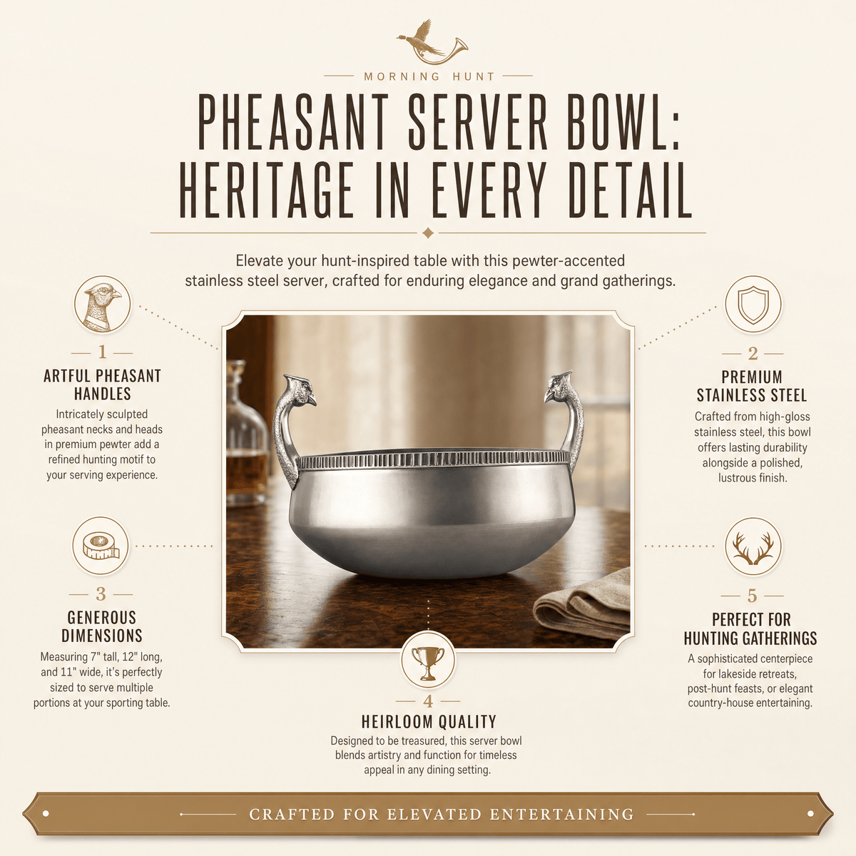 Pheasant Stainless Steel Server Bowl 11