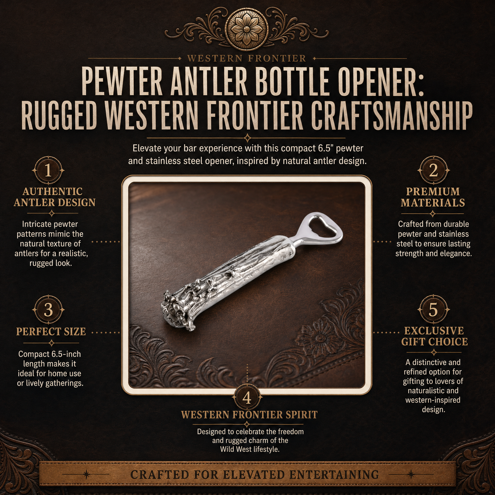 Pewter Antler Bottle Opener: Rugged Western Frontier Craftsmanship