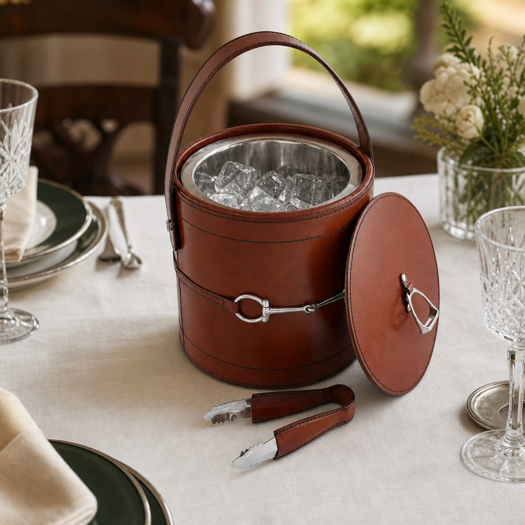 Premium Genuine Leather Bit Lidded Ice Bucket 9