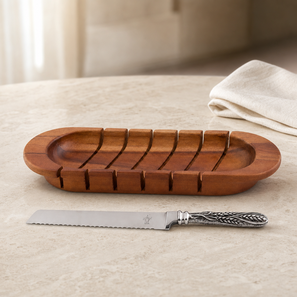 Oval Bread Board with Pewter Wheat Knife 2