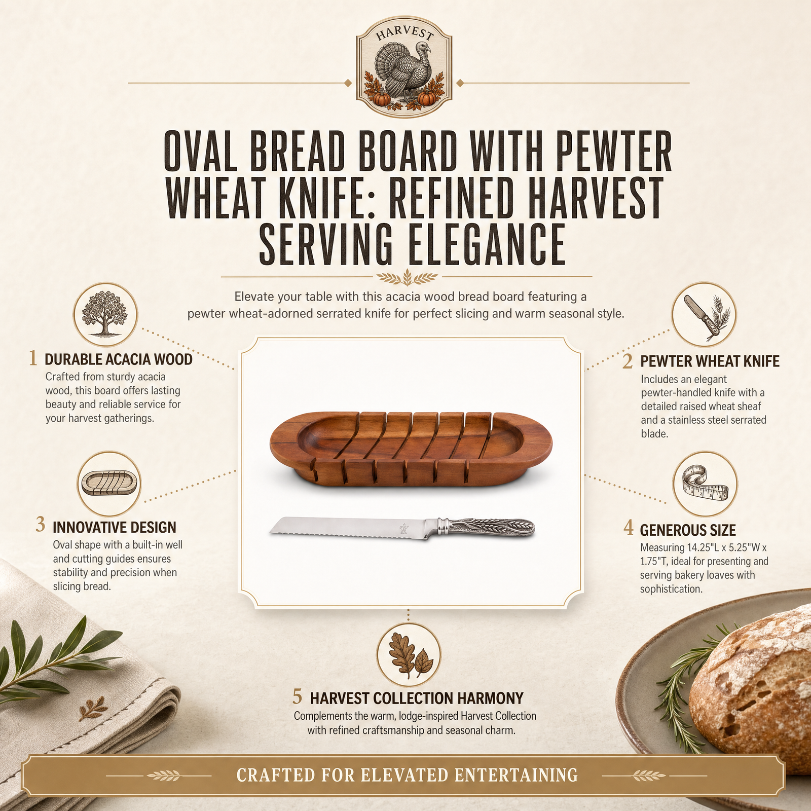 Oval Bread Board with Pewter Wheat Knife 1