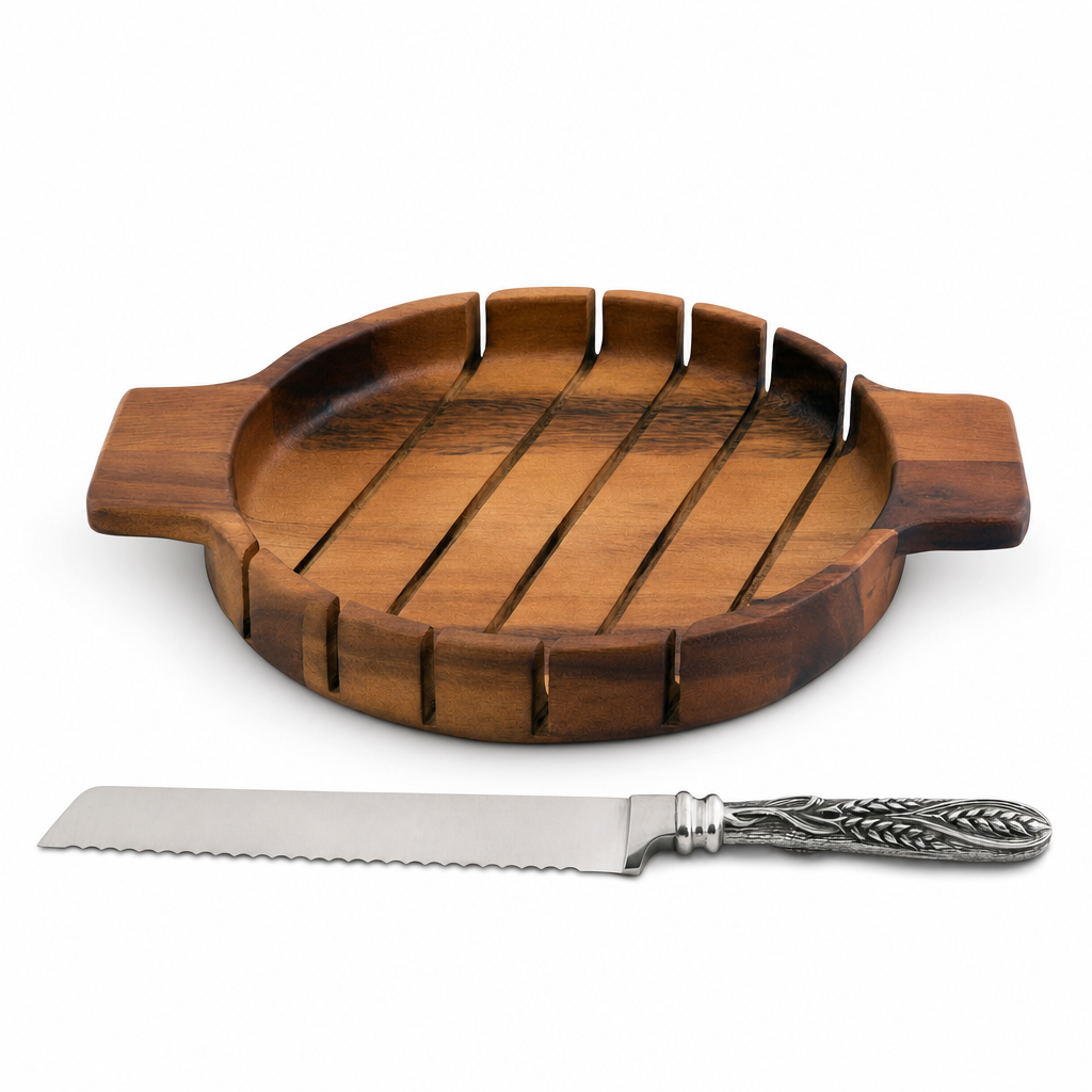 Round Bread Board with Pewter Wheat Knife 1