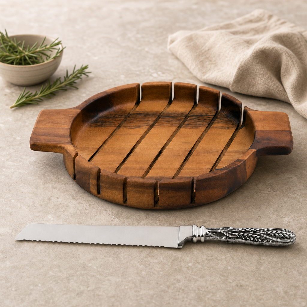 Round Bread Board with Pewter Wheat Knife 1