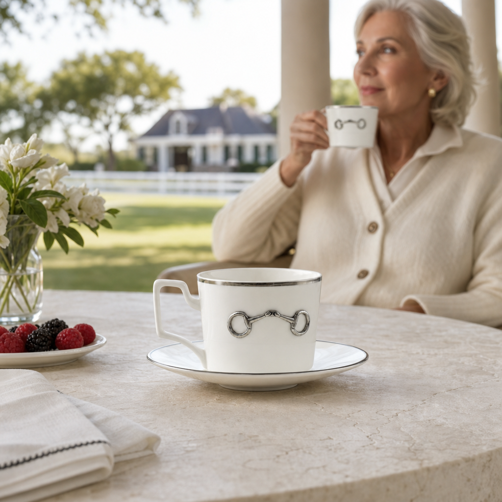 Pewter Bit Bone China Cup and Saucer Platinum Rim 3