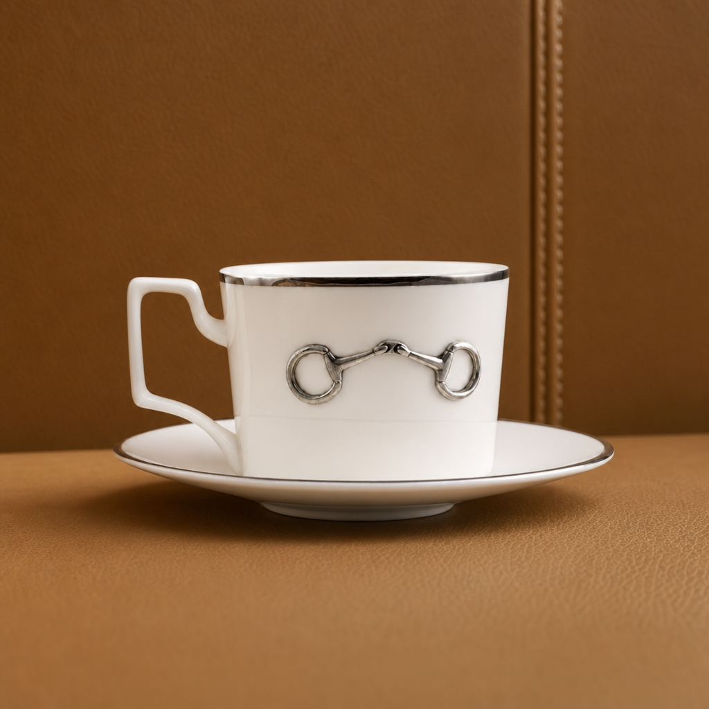Pewter Bit Bone China Cup and Saucer Platinum Rim 1
