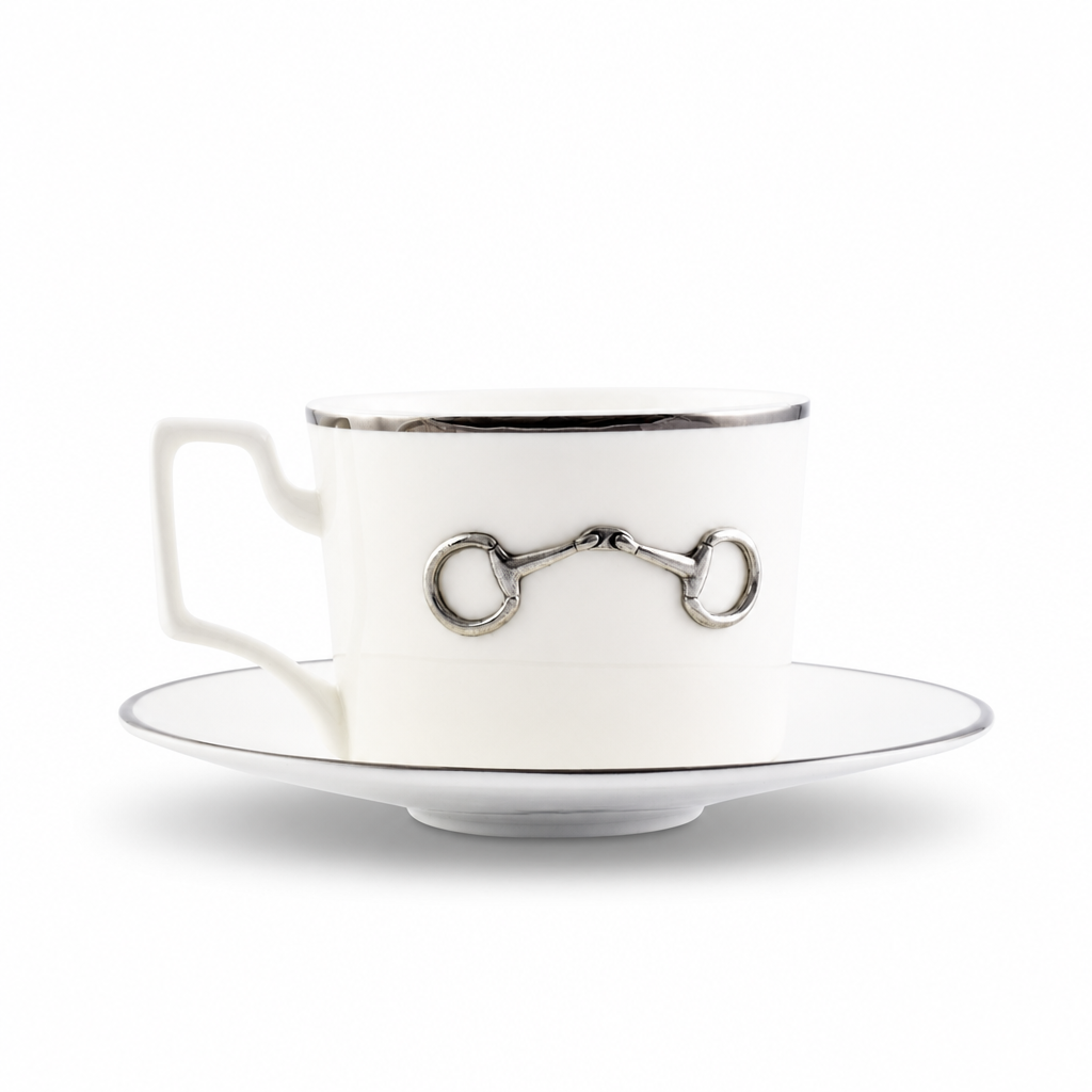 Pewter Bit Bone China Cup and Saucer Platinum Rim 1