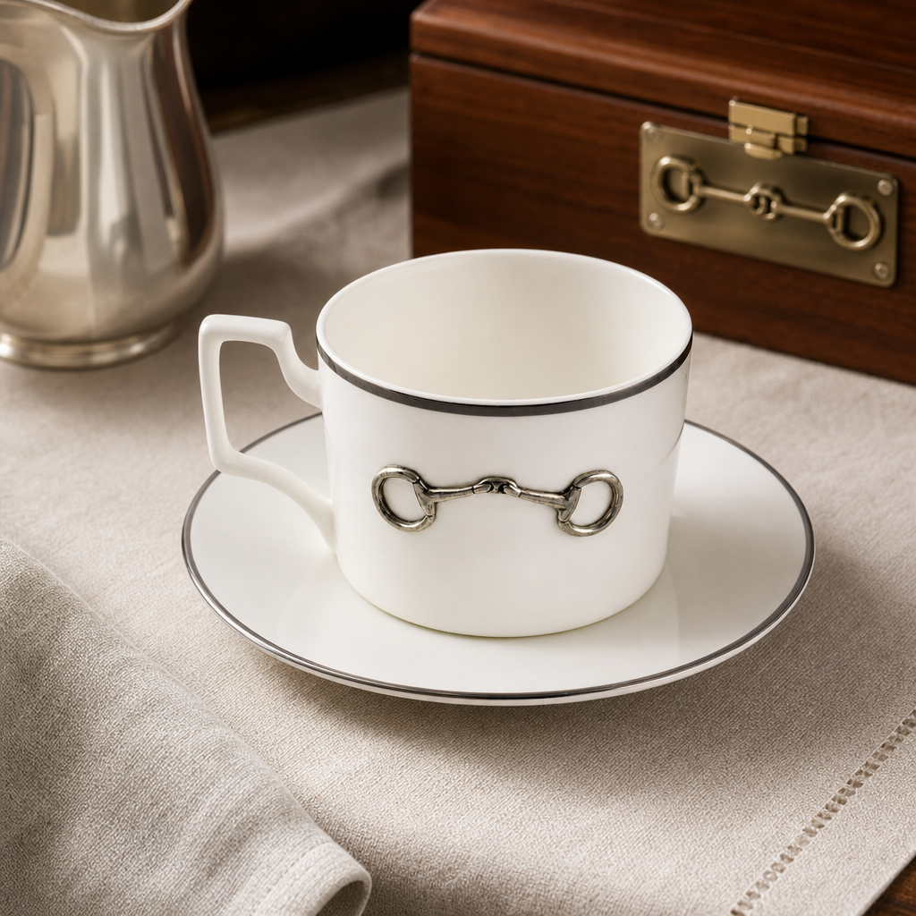 Pewter Bit Bone China Cup and Saucer Platinum Rim 3