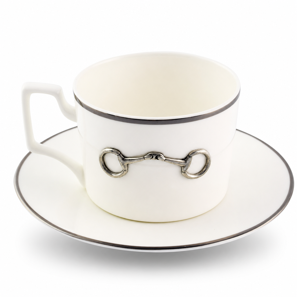 Pewter Bit Bone China Cup and Saucer Platinum Rim 8