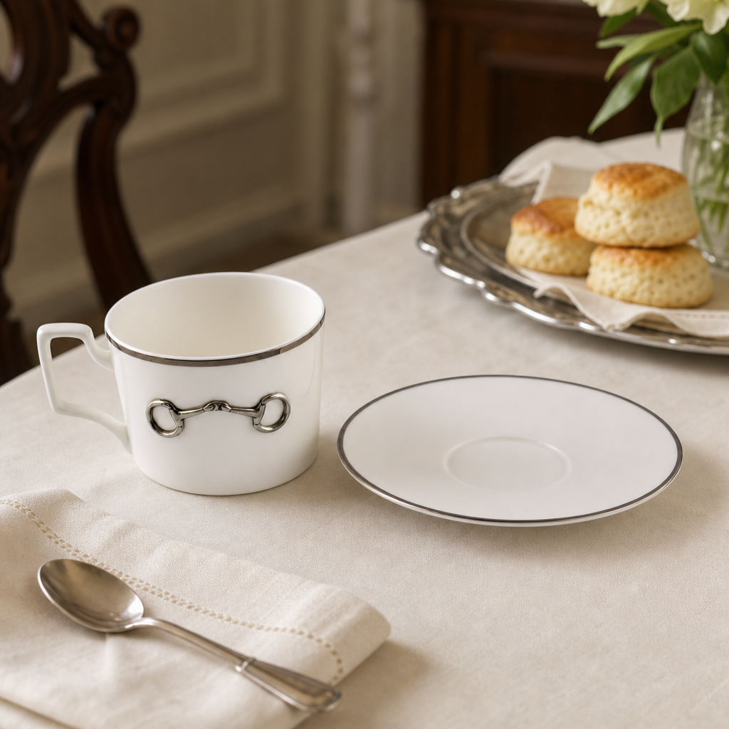 Pewter Bit Bone China Cup and Saucer Platinum Rim 7