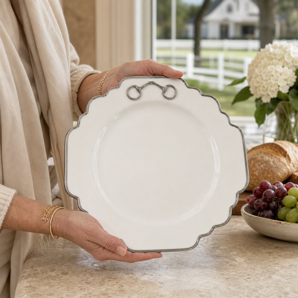 Pewter Bit Bone China Scallop Dinner Plate Platinum Rim 3
