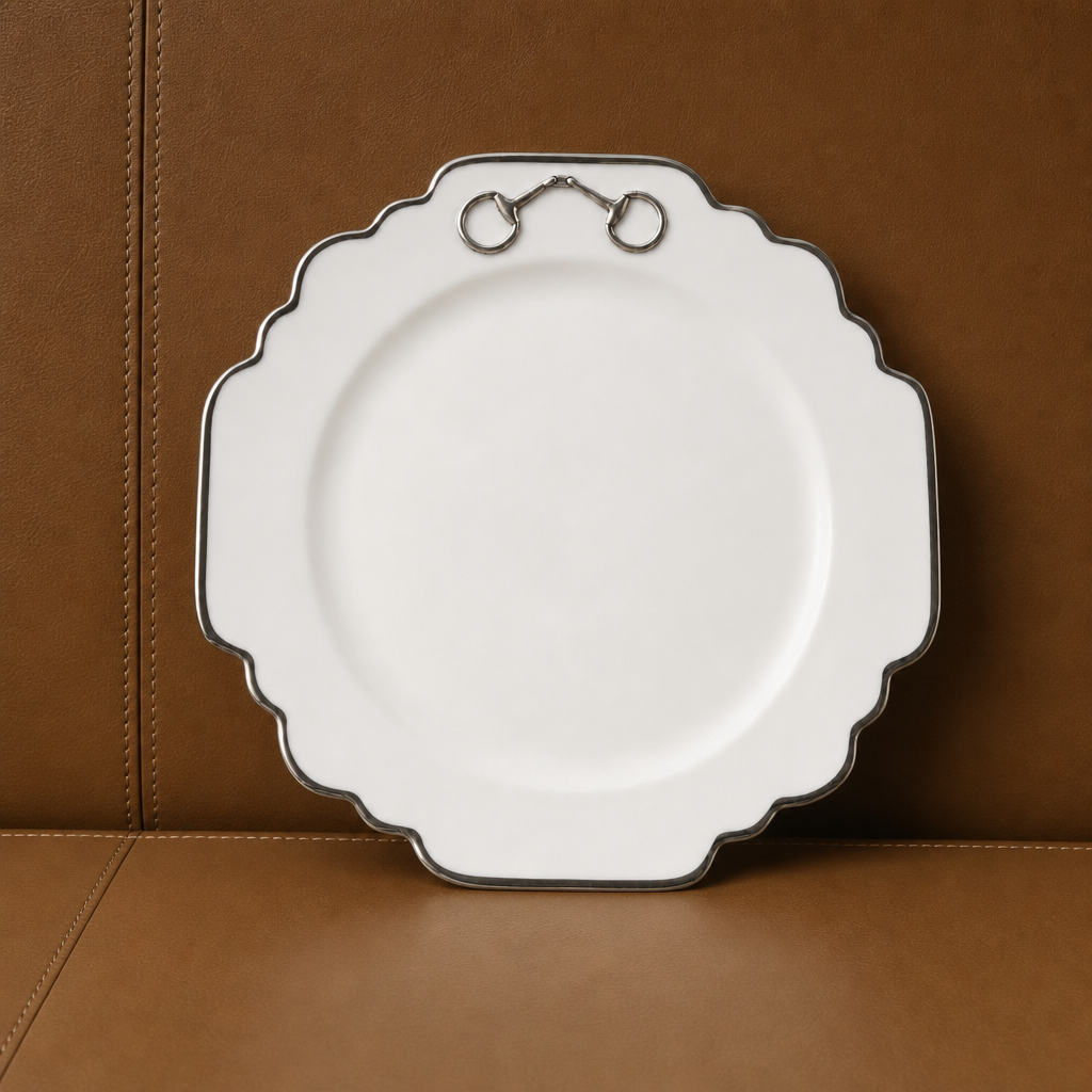 Pewter Bit Bone China Scallop Dinner Plate Platinum Rim 1