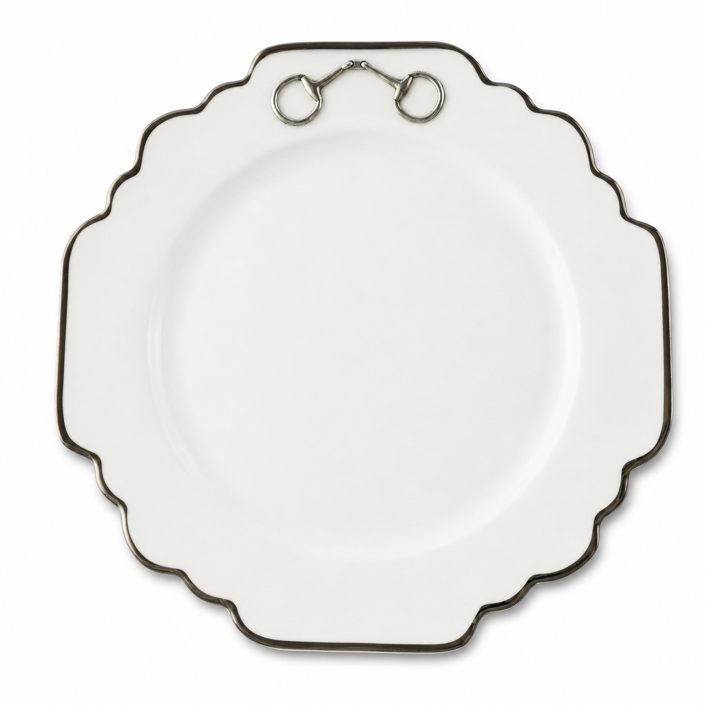 Pewter Bit Bone China Scallop Dinner Plate Platinum Rim 1