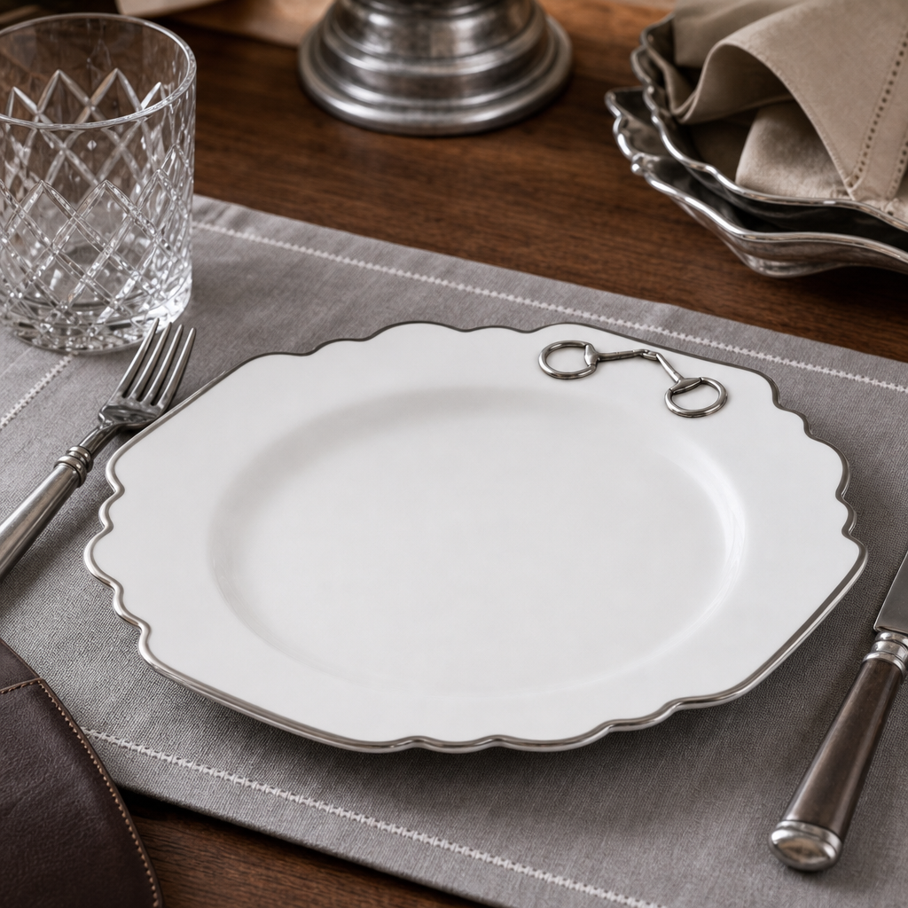 Pewter Bit Bone China Scallop Dinner Plate Platinum Rim 3