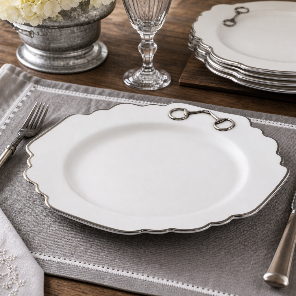 Pewter Bit Bone China Scallop Dinner Plate Platinum Rim 6