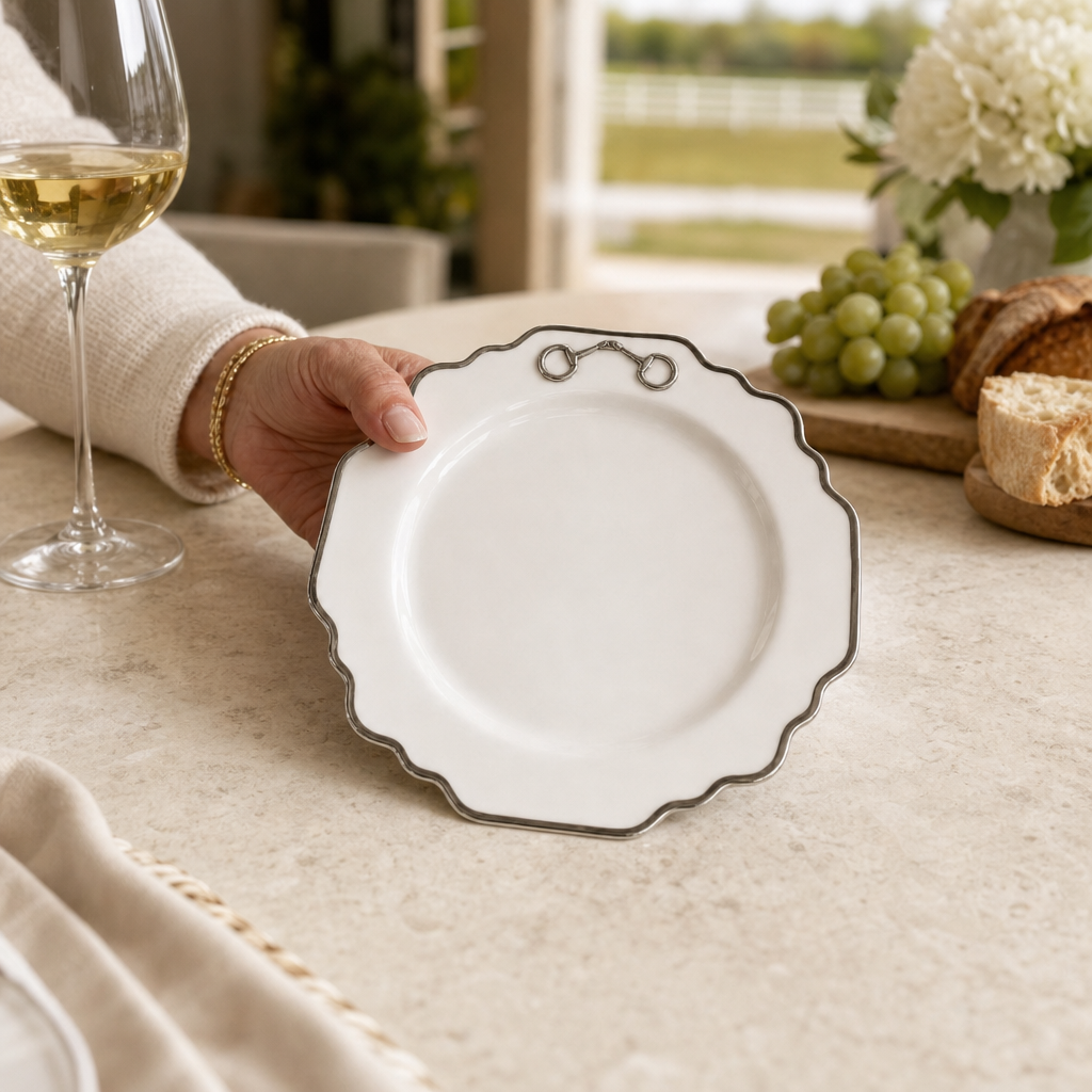 Pewter Bit Bone China Scallop Salad / Dessert Plate Platinum Rim 3