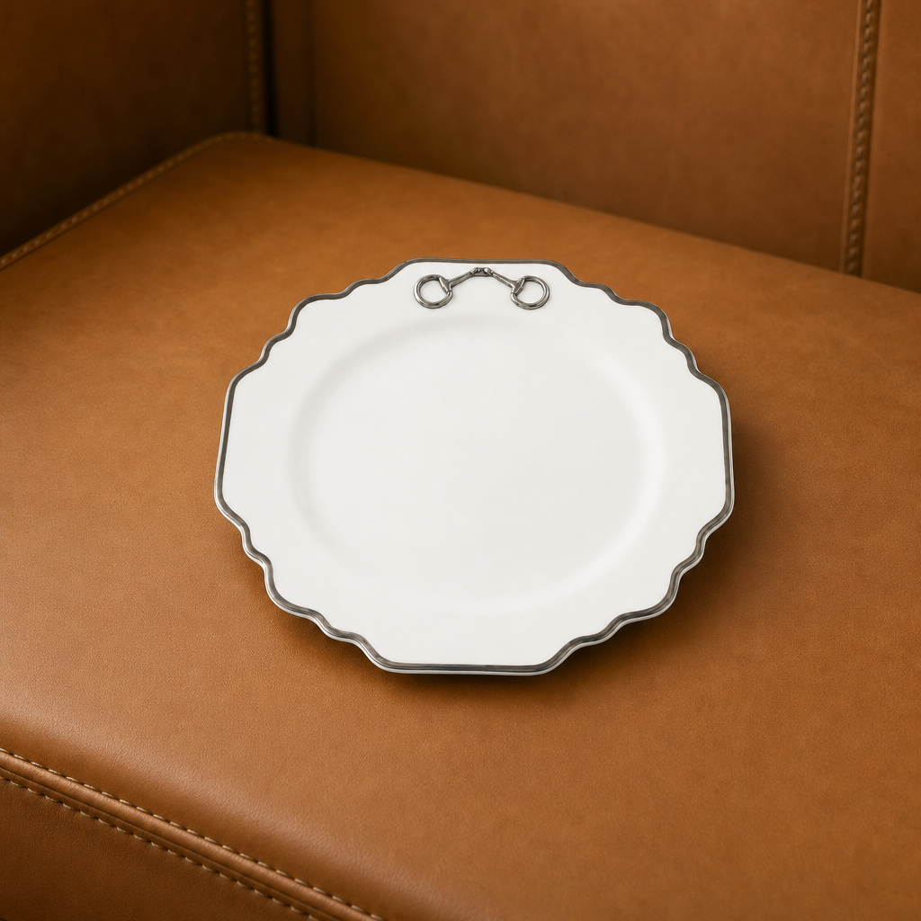 Pewter Bit Bone China Scallop Salad / Dessert Plate Platinum Rim 1