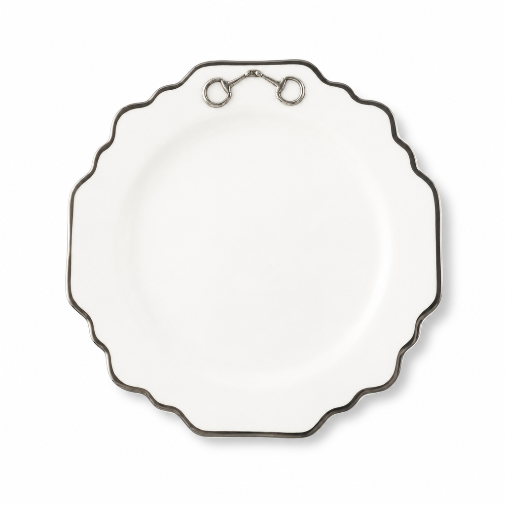 Pewter Bit Bone China Scallop Salad / Dessert Plate Platinum Rim 1