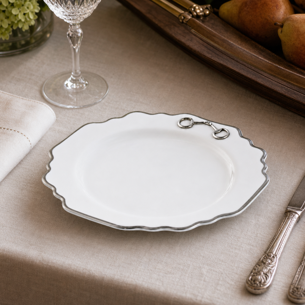 Pewter Bit Bone China Scallop Salad / Dessert Plate Platinum Rim 5