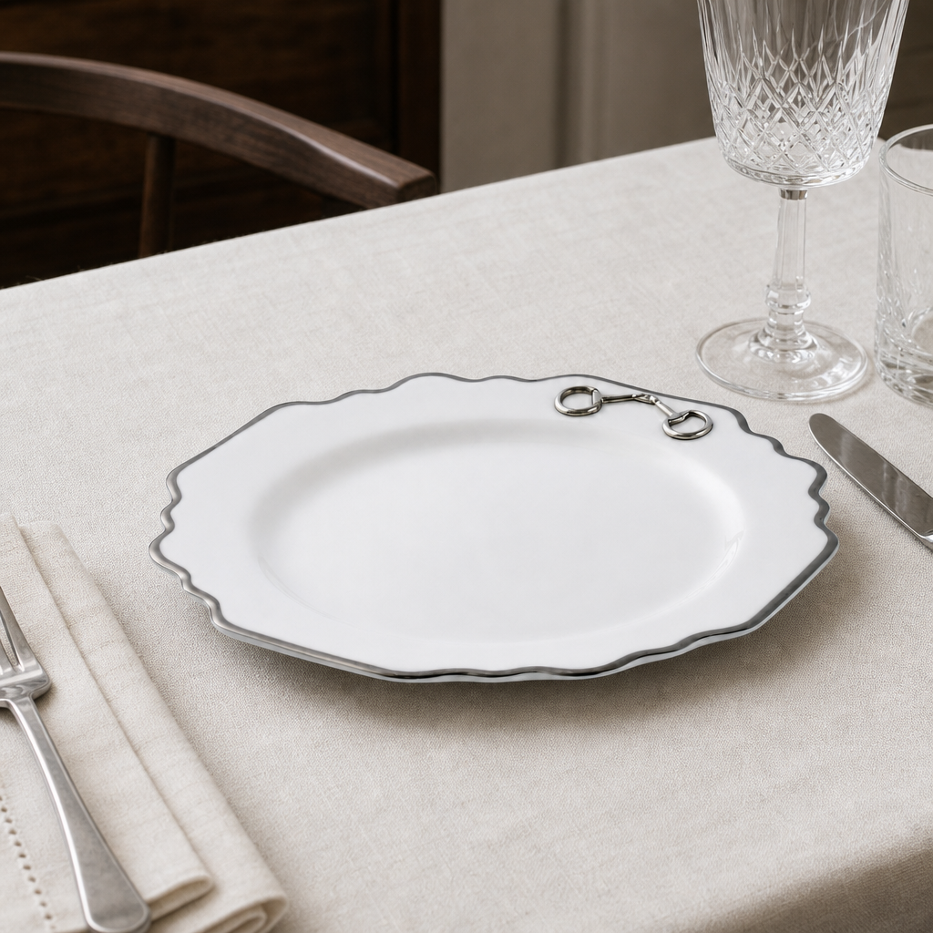 Pewter Bit Bone China Scallop Salad / Dessert Plate Platinum Rim 3