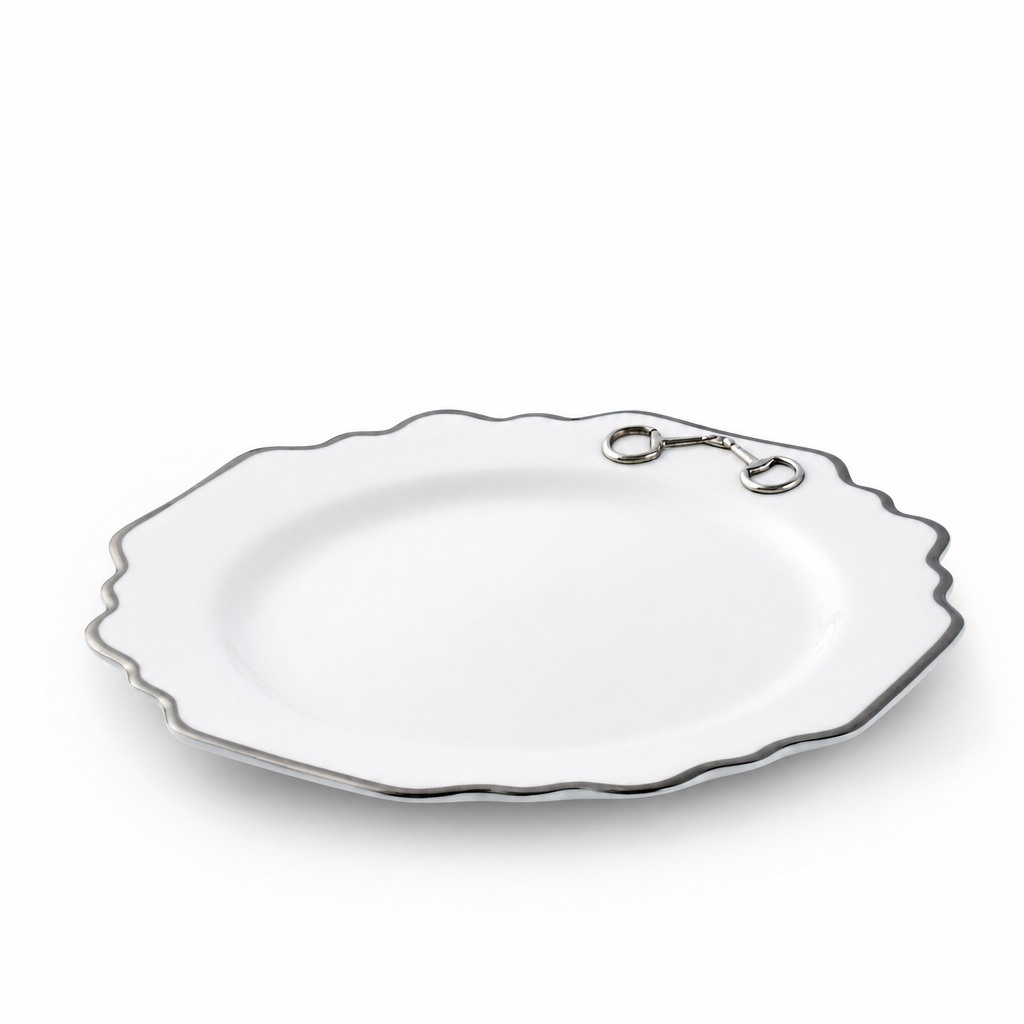 Pewter Bit Bone China Scallop Salad / Dessert Plate Platinum Rim 6