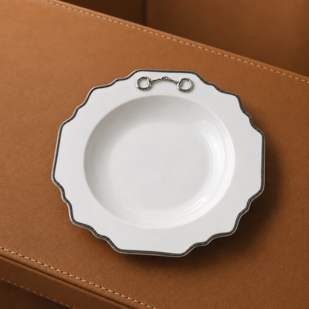 Pewter Bit Bone China Scallop Soup Plate Platinum Rim 1