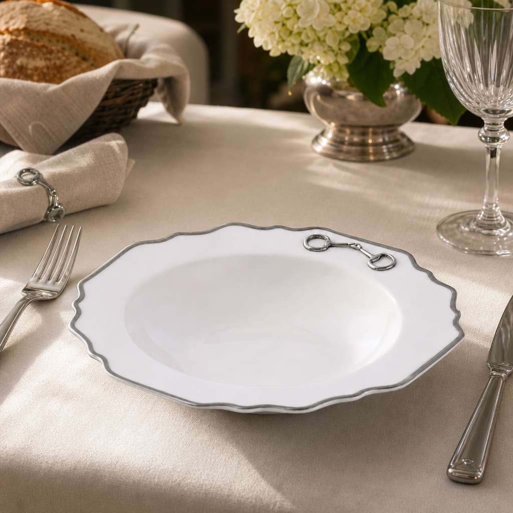 Pewter Bit Bone China Scallop Soup Plate Platinum Rim 5