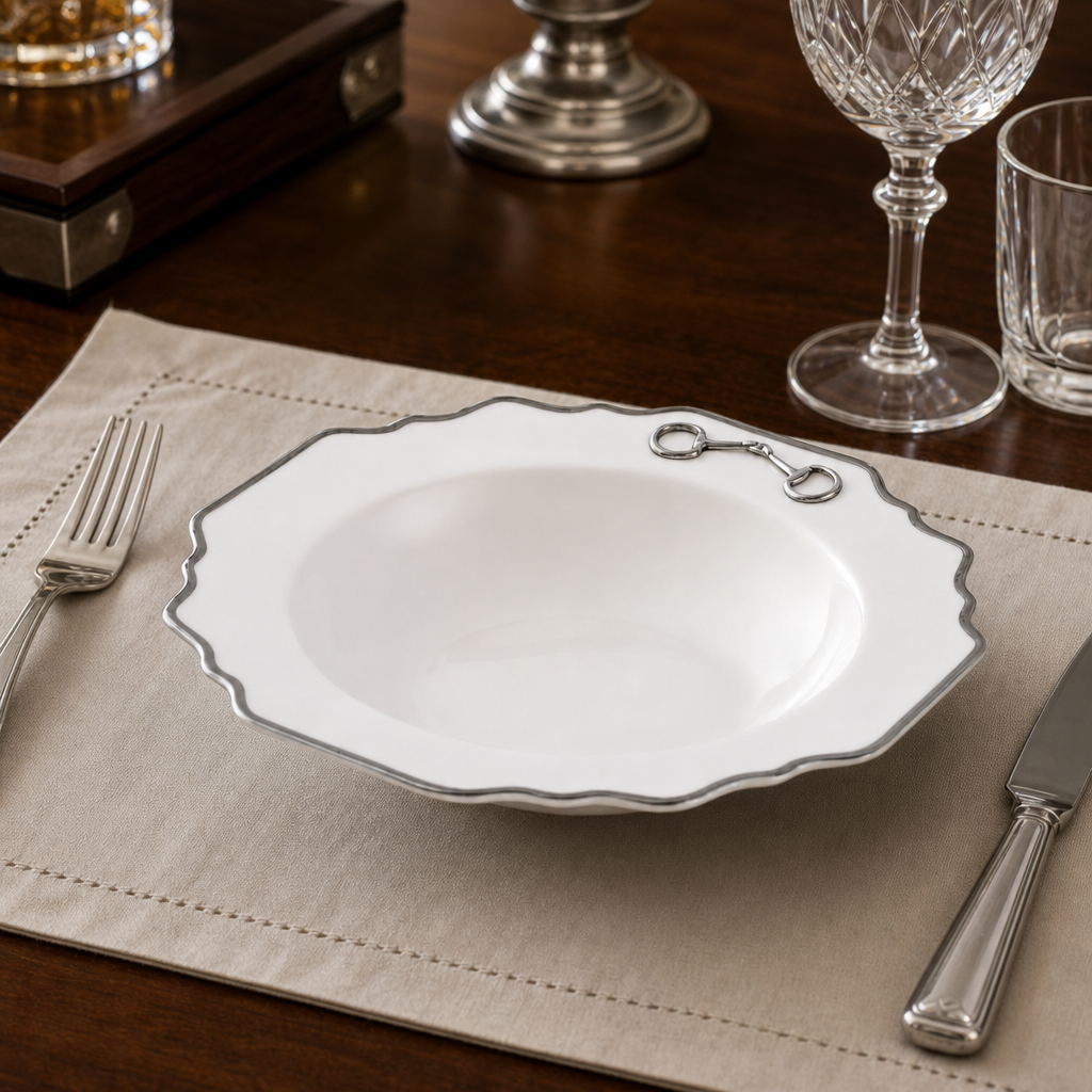 Pewter Bit Bone China Scallop Soup Plate Platinum Rim 3