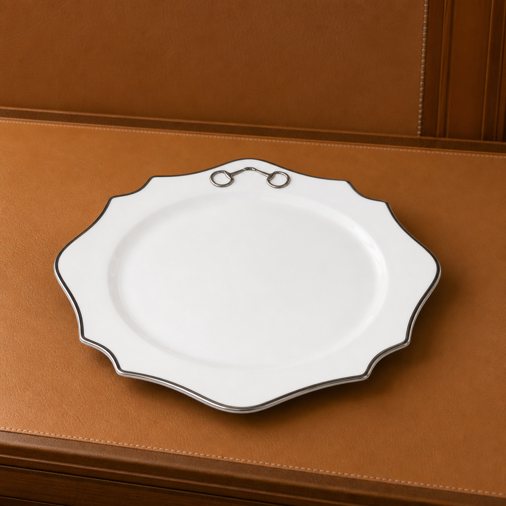 Pewter Bit Bone China Scallop Charger Plate Platinum Rim 1
