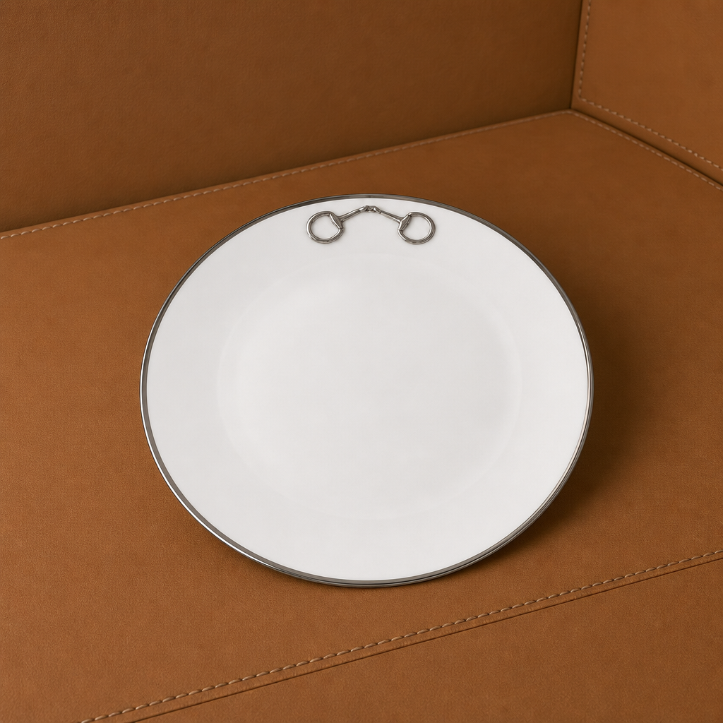 Pewter Bit Bone China Round Dinner Plate Platinum Rim 1