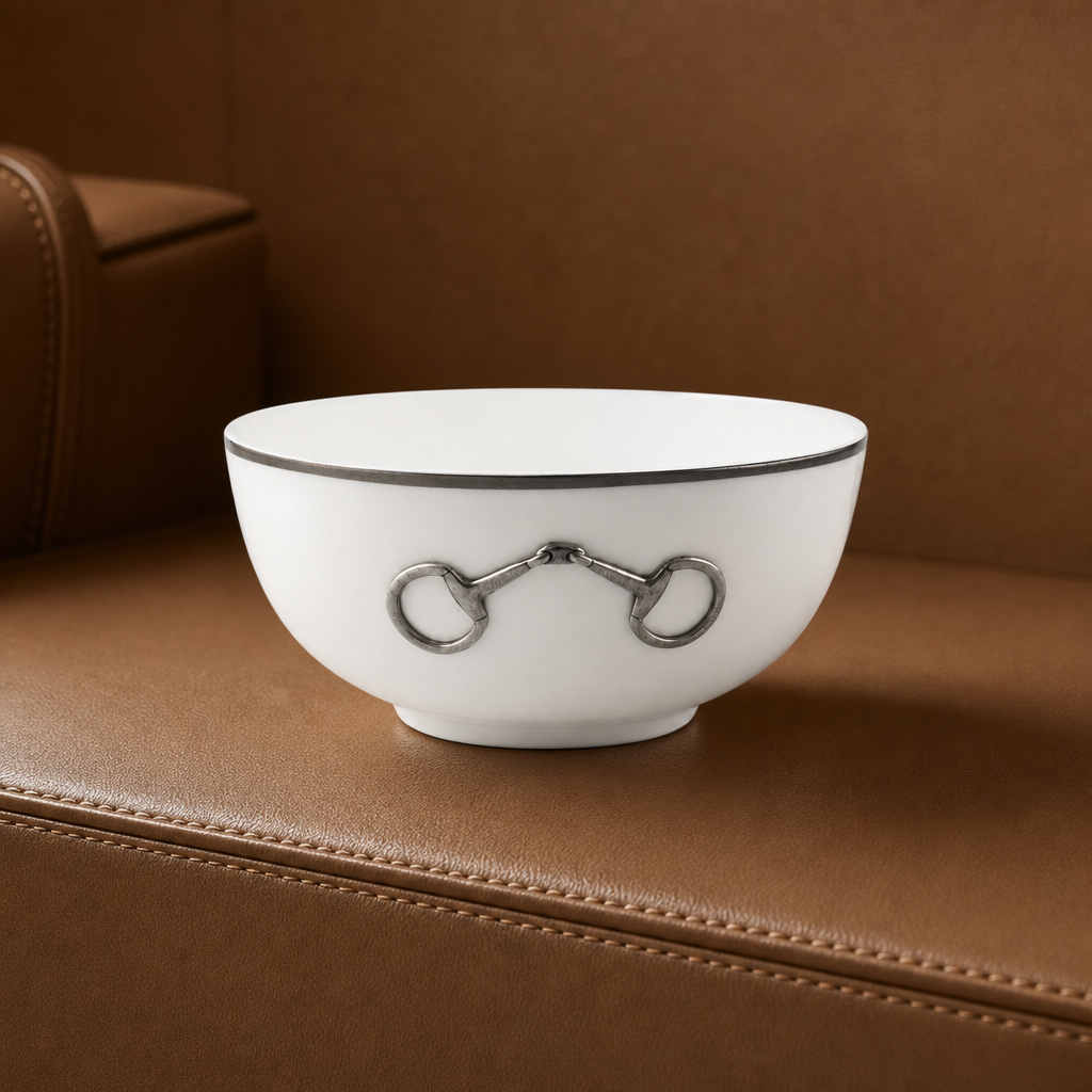 Pewter Bit Bone China Round Cereal Bowl Platinum Rim 1