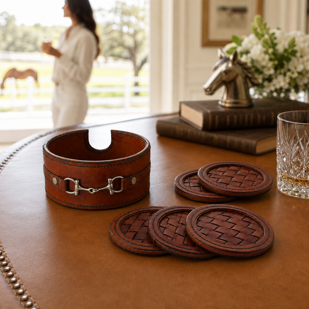Premium Genuine Leather Coaster Set Bit - Set of 6 8