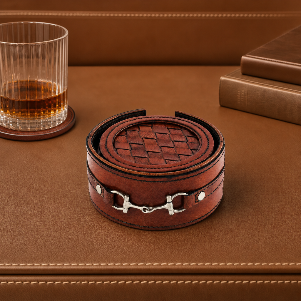Premium Genuine Leather Coaster Set Bit - Set of 6 5