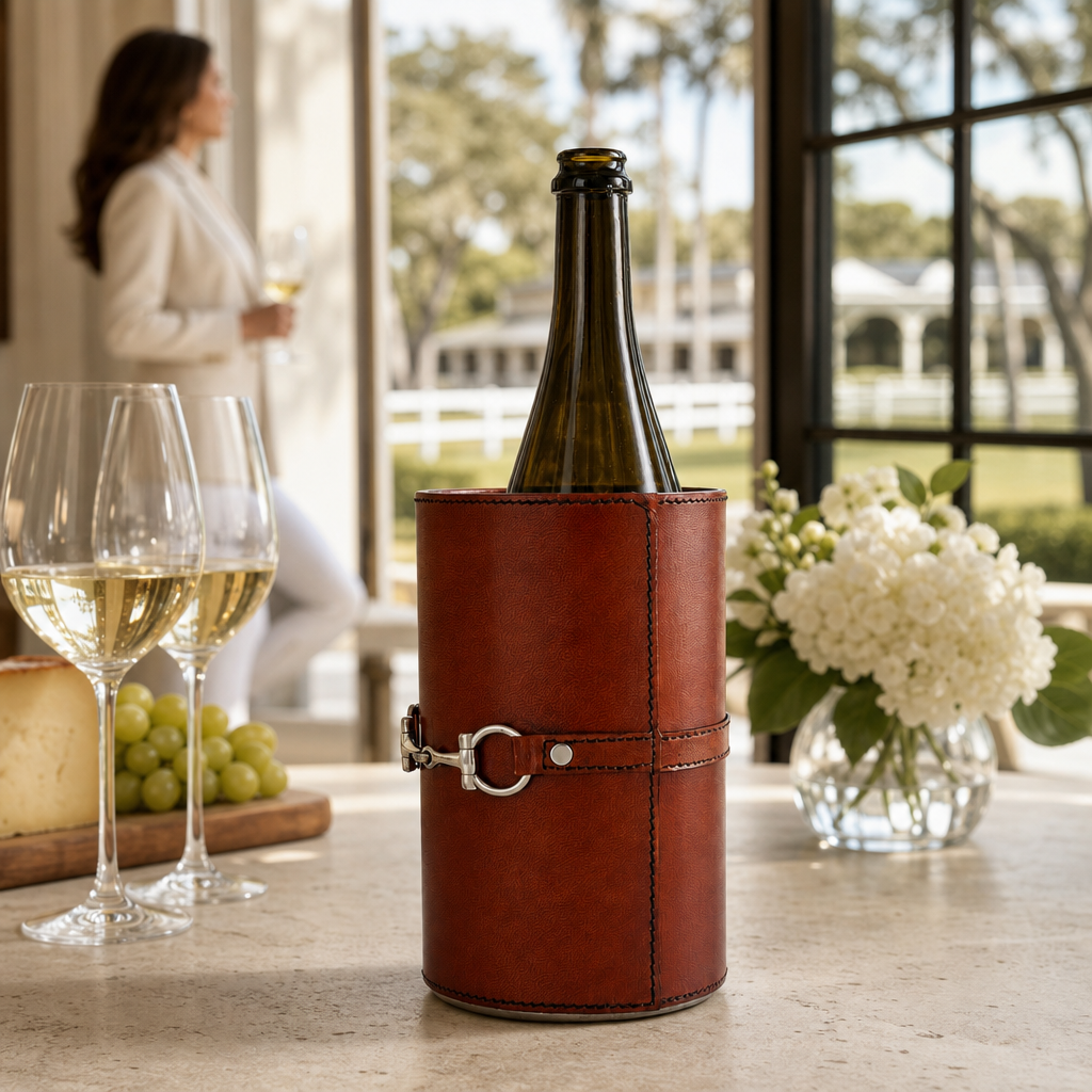 Premium Genuine Leather Bit Wine Bottle Chiller  - Stainless Lined 8