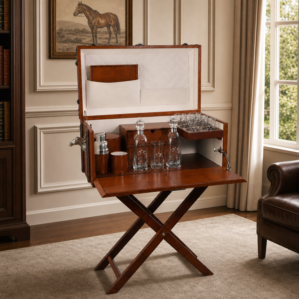 Horse Handle Cognac Leather Bar Table Set 2