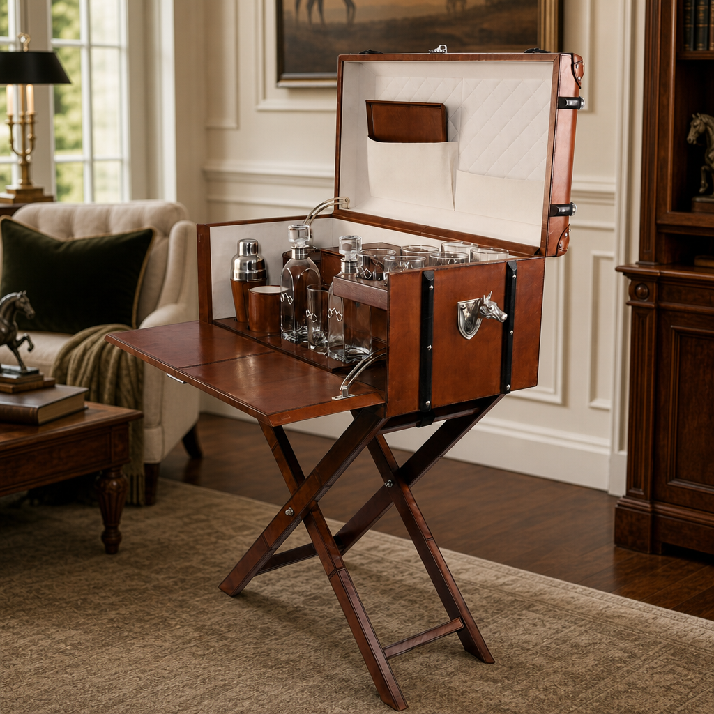 Horse Handle Cognac Leather Bar Table Set 7