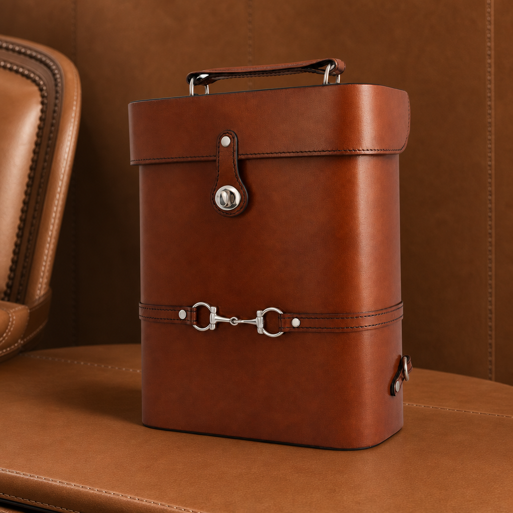 Premium Genuine Leather Double Wine Bottle Carrier / Tote with Bit Design 1