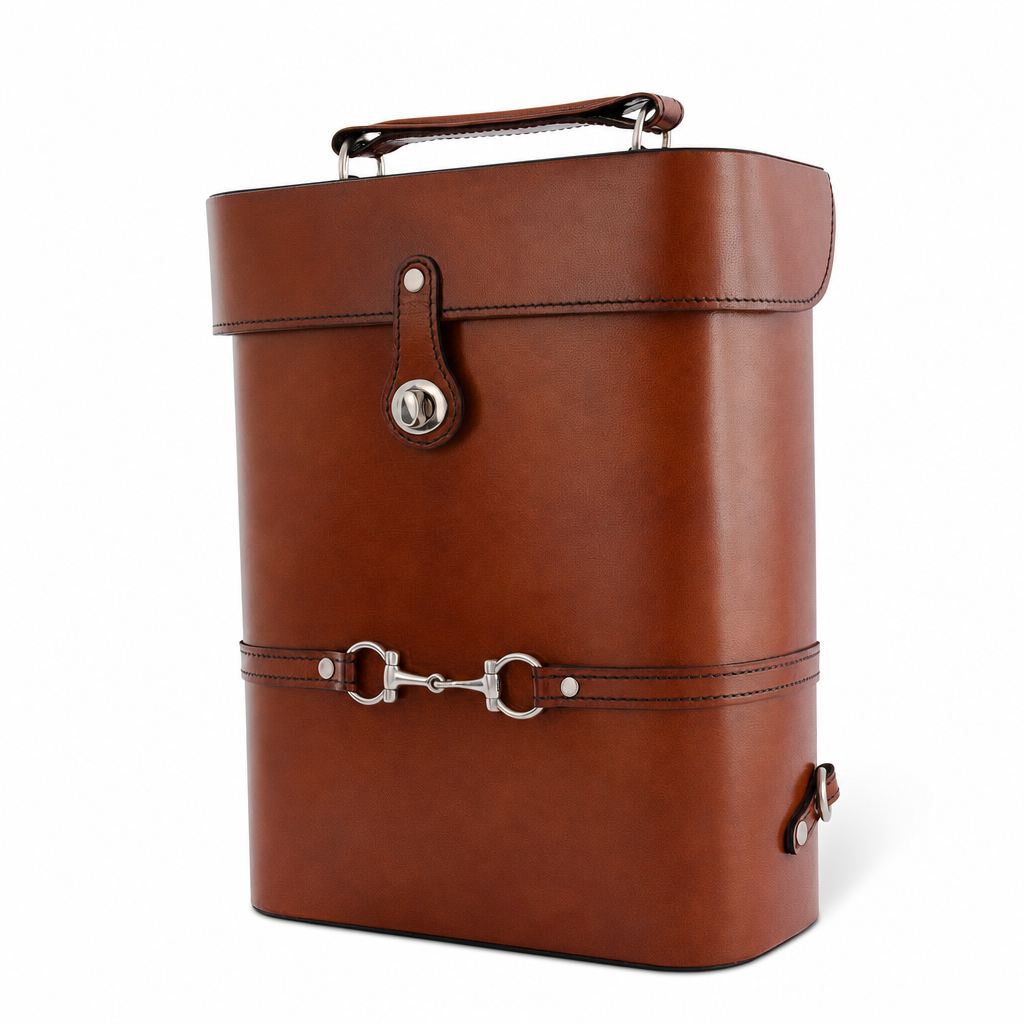 Premium Genuine Leather Double Wine Bottle Carrier / Tote with Bit Design 1