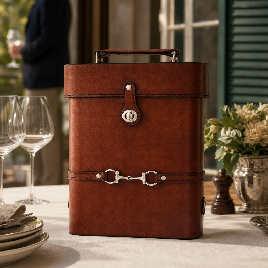 Premium Genuine Leather Double Wine Bottle Carrier / Tote with Bit Design 5