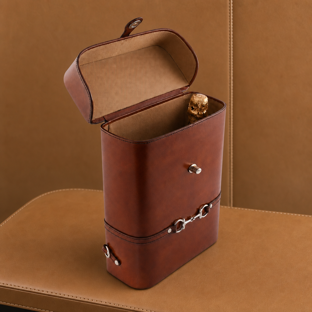 Premium Genuine Leather Double Wine Bottle Carrier / Tote with Bit Design 4