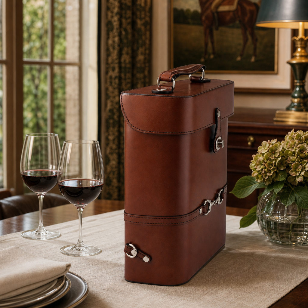 Premium Genuine Leather Double Wine Bottle Carrier / Tote with Bit Design 9
