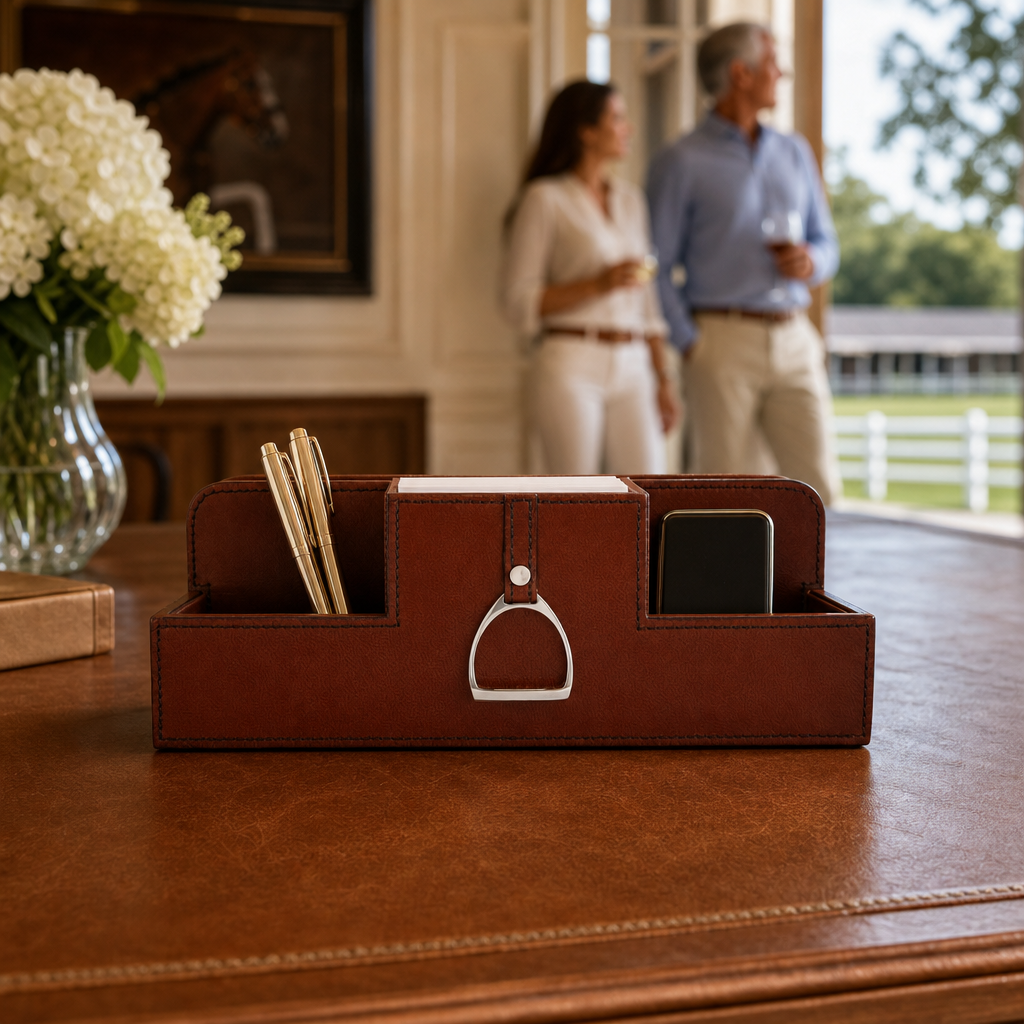 Premium Genuine Leather Stirrup Desk Organizer for Office 6