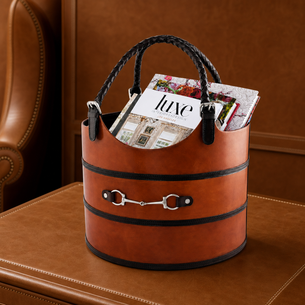 Premium Genuine Leather Equestrian Bit Magazine Basket – Stylish Home and Office Organizer 1