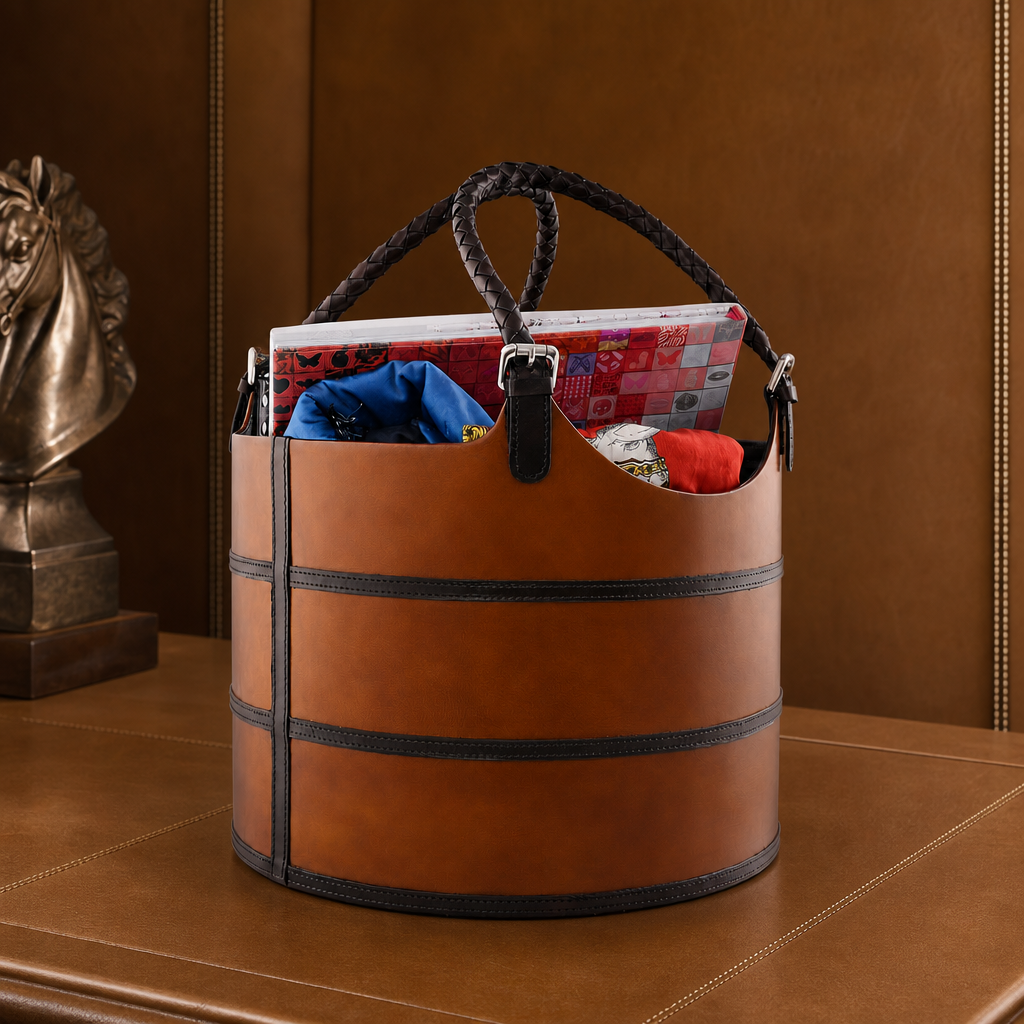 Premium Genuine Leather Equestrian Bit Magazine Basket – Stylish Home and Office Organizer 3