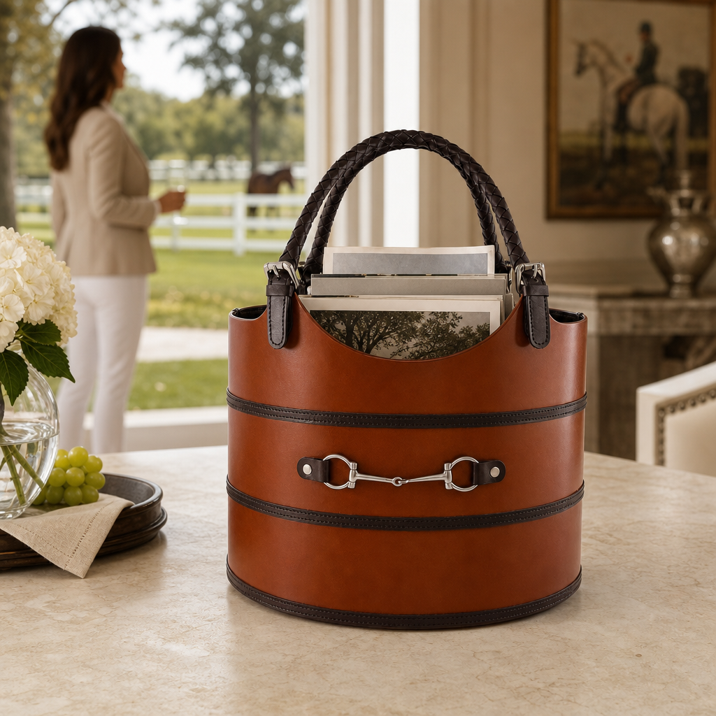 Premium Genuine Leather Equestrian Bit Magazine Basket – Stylish Home and Office Organizer 8