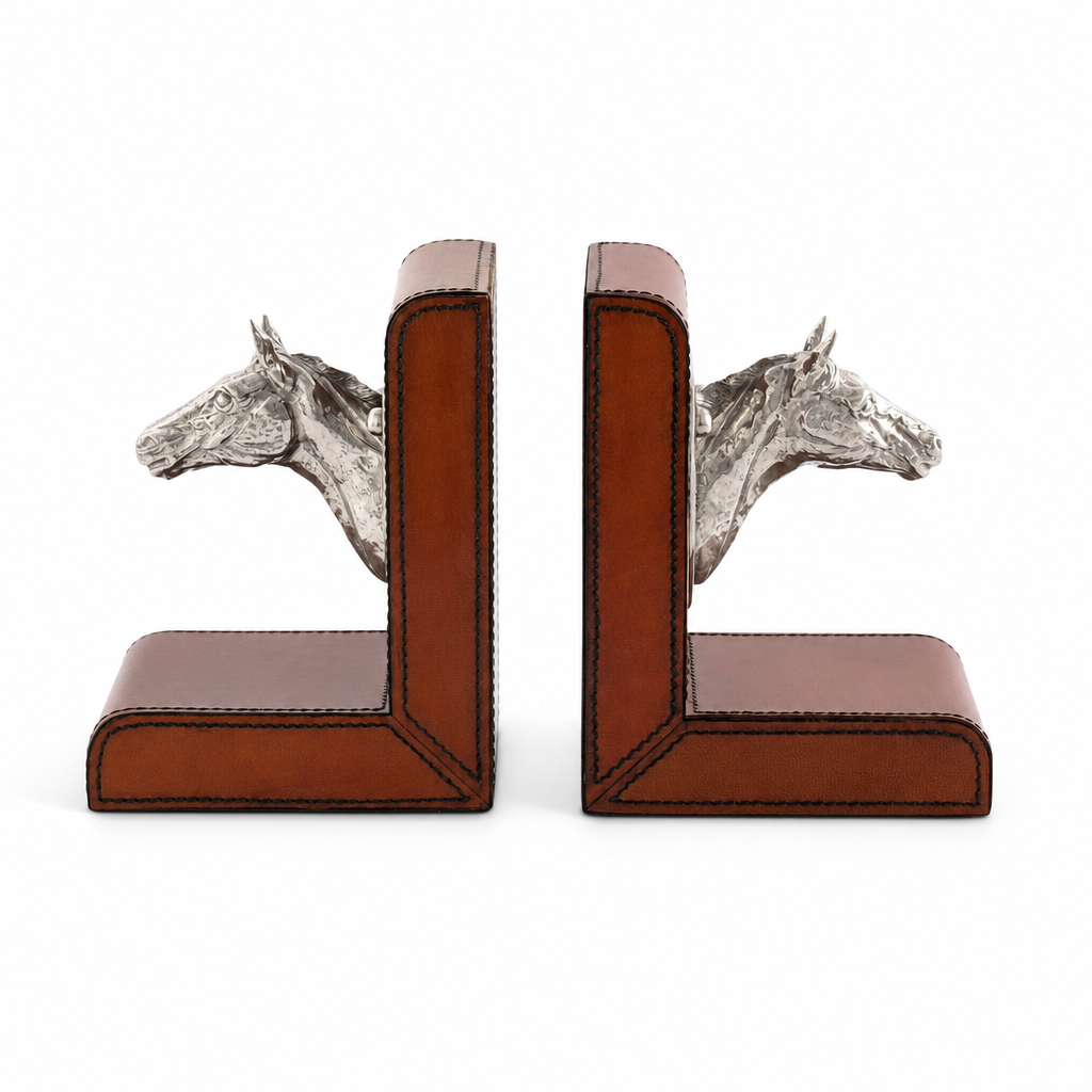 Horse Head Cognac Leather Bookends 1