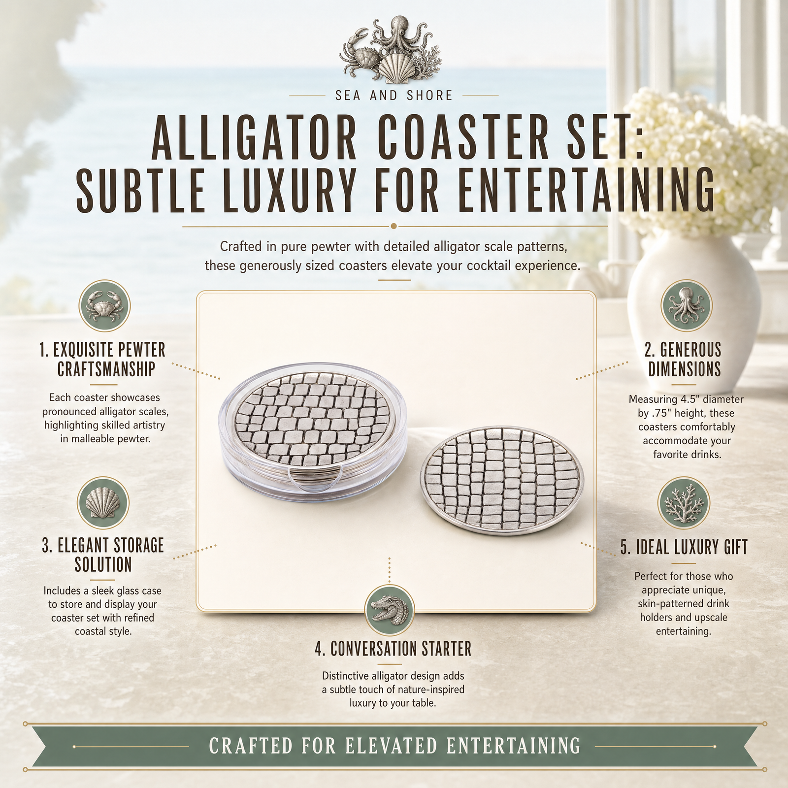 Alligator Coaster Set: Subtle Luxury for Entertaining