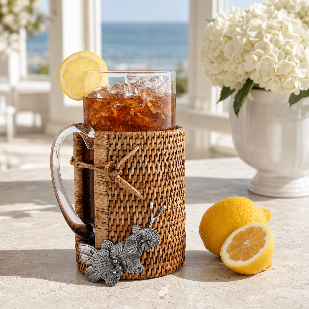 Orchid Glass Pitcher Hand Woven Wicker Natural Rattan Cover 1